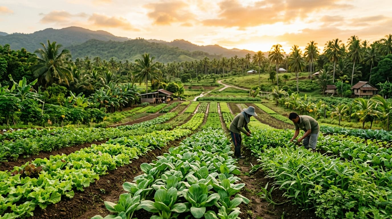 Lush farm fields in Butuan at golden hour